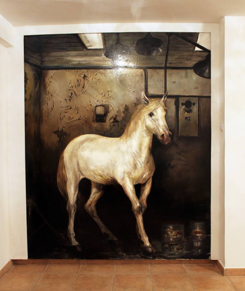 Neurotic horses, for private interier, oil on canvas, 180 x 20 cm, 2015