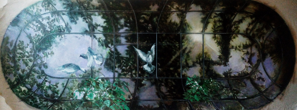 Hidden symbol /from cycle Flowers glass ceilings/, oil on canvas, 125 x 360 cm, 2016